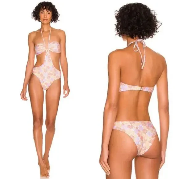 L*SPACE Marina One Piece Bitsy Swimsuit Cut-Out Oopsie Daisy Tie Medium NEW - Picture 1 of 9